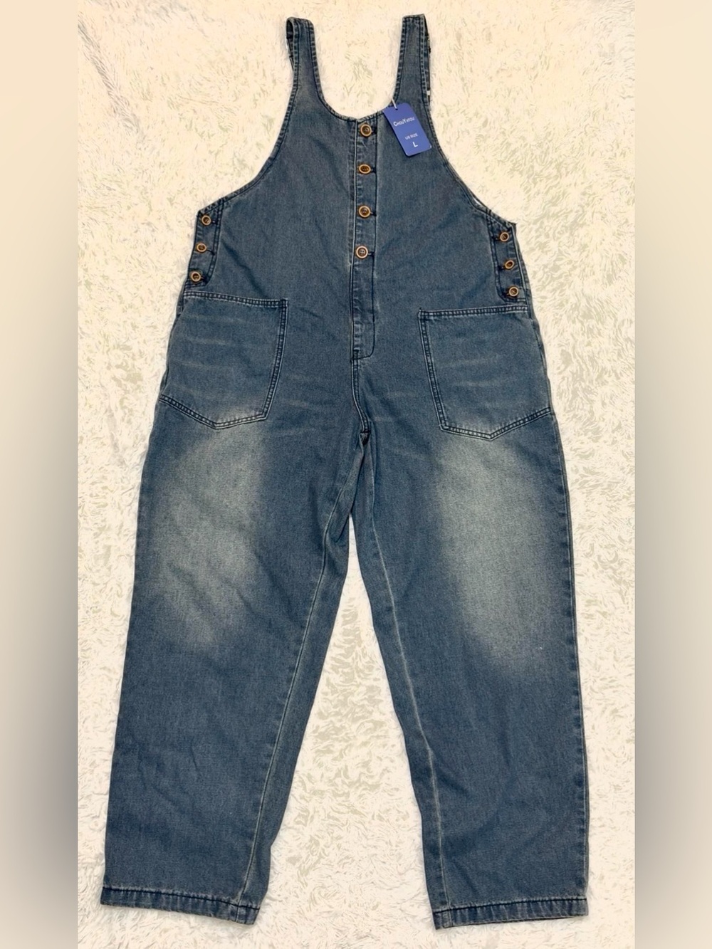 Chouyatou~ Women’s Classic Faded Blue Denim Overalls Casual Straight Leg. L - Picture 2 of 4